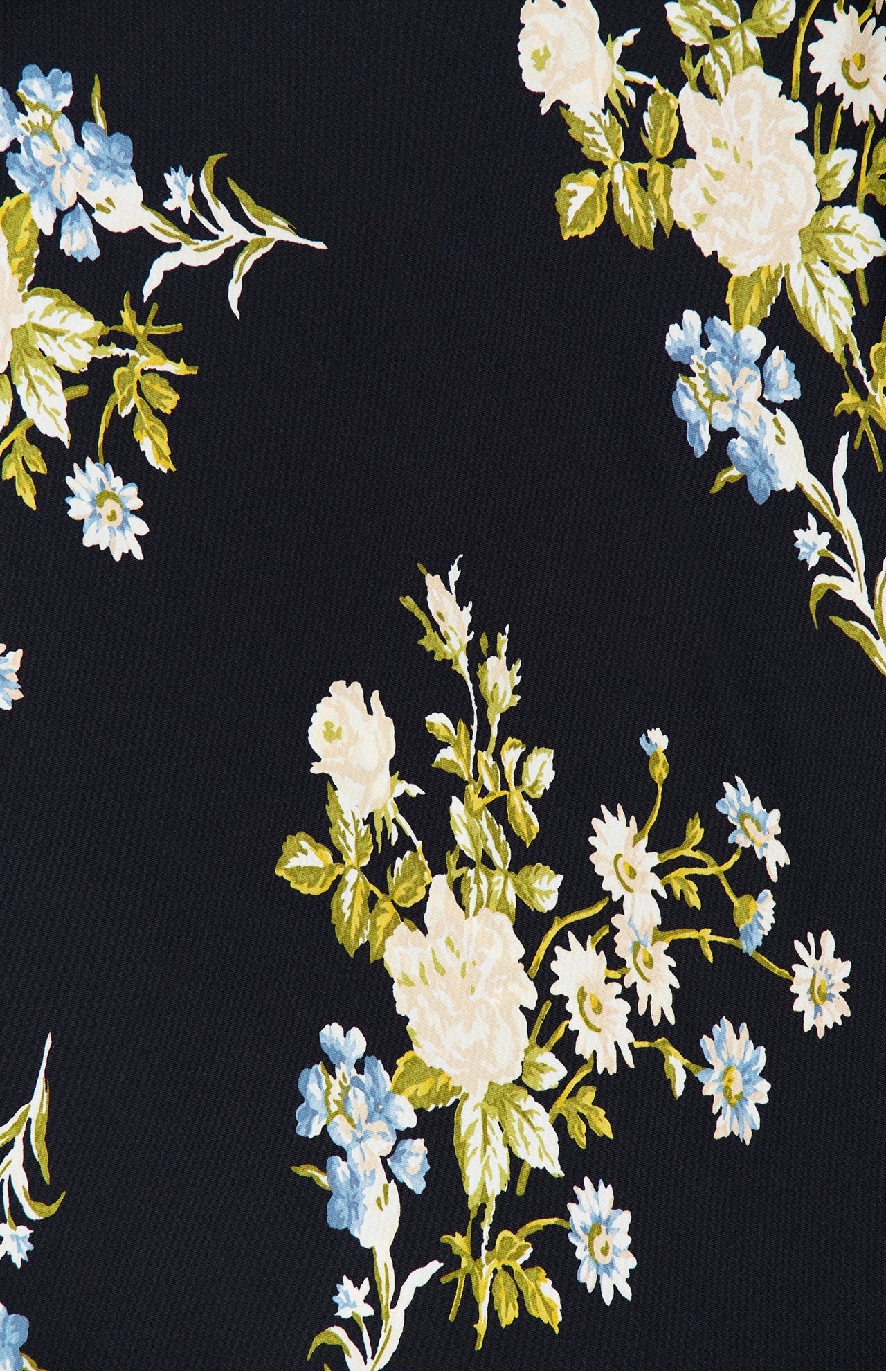 The Kieren Floral Maxi Dress by VERONICA BEARD features a vintage-inspired floral pattern with clusters of white roses, blue blossoms, and green leaves set against a solid black background, creating an elegant look perfect for any occasion.