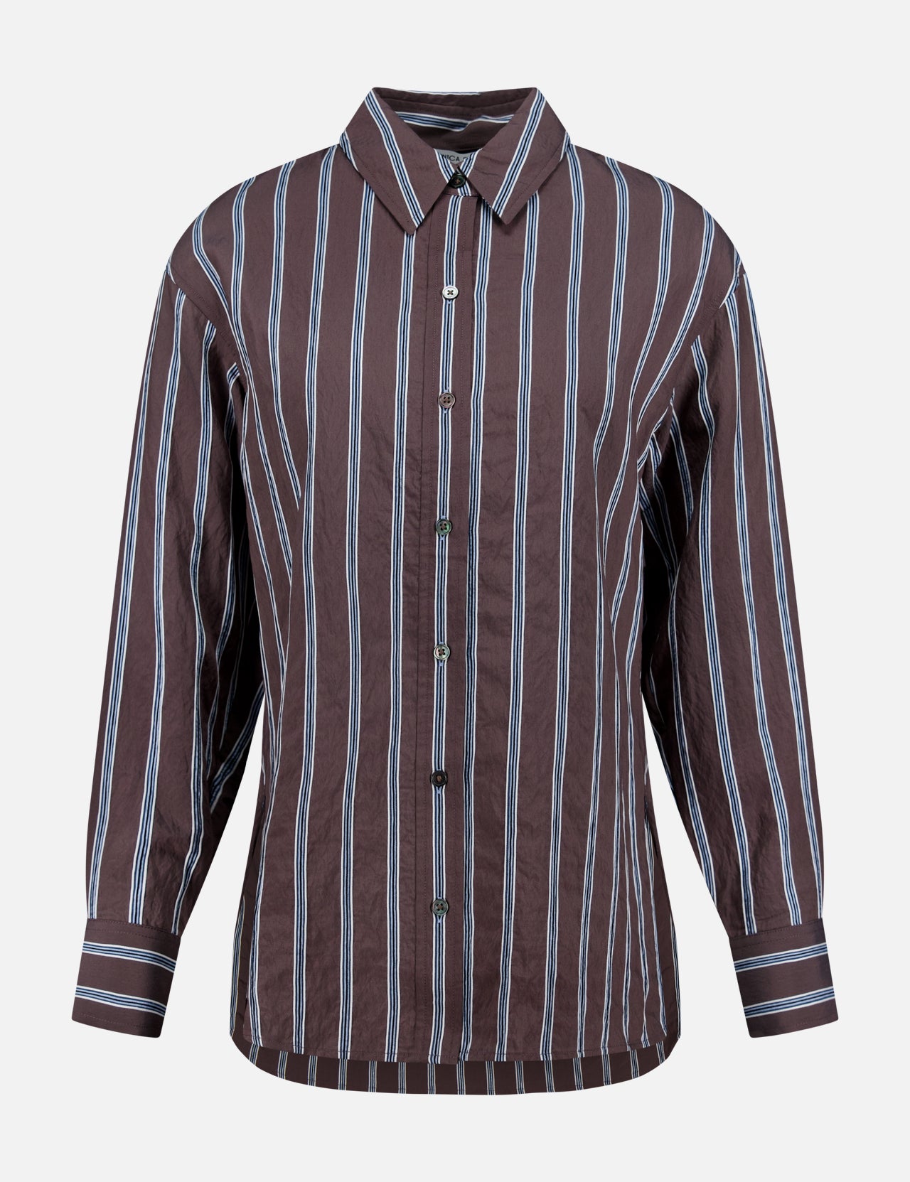 The Lloyd Striped Button Down Shirt by VERONICA BEARD is a relaxed fit brown shirt with vertical blue and white stripes, collar, cuffed sleeves, and a long buttoned front, shown against a plain white background.