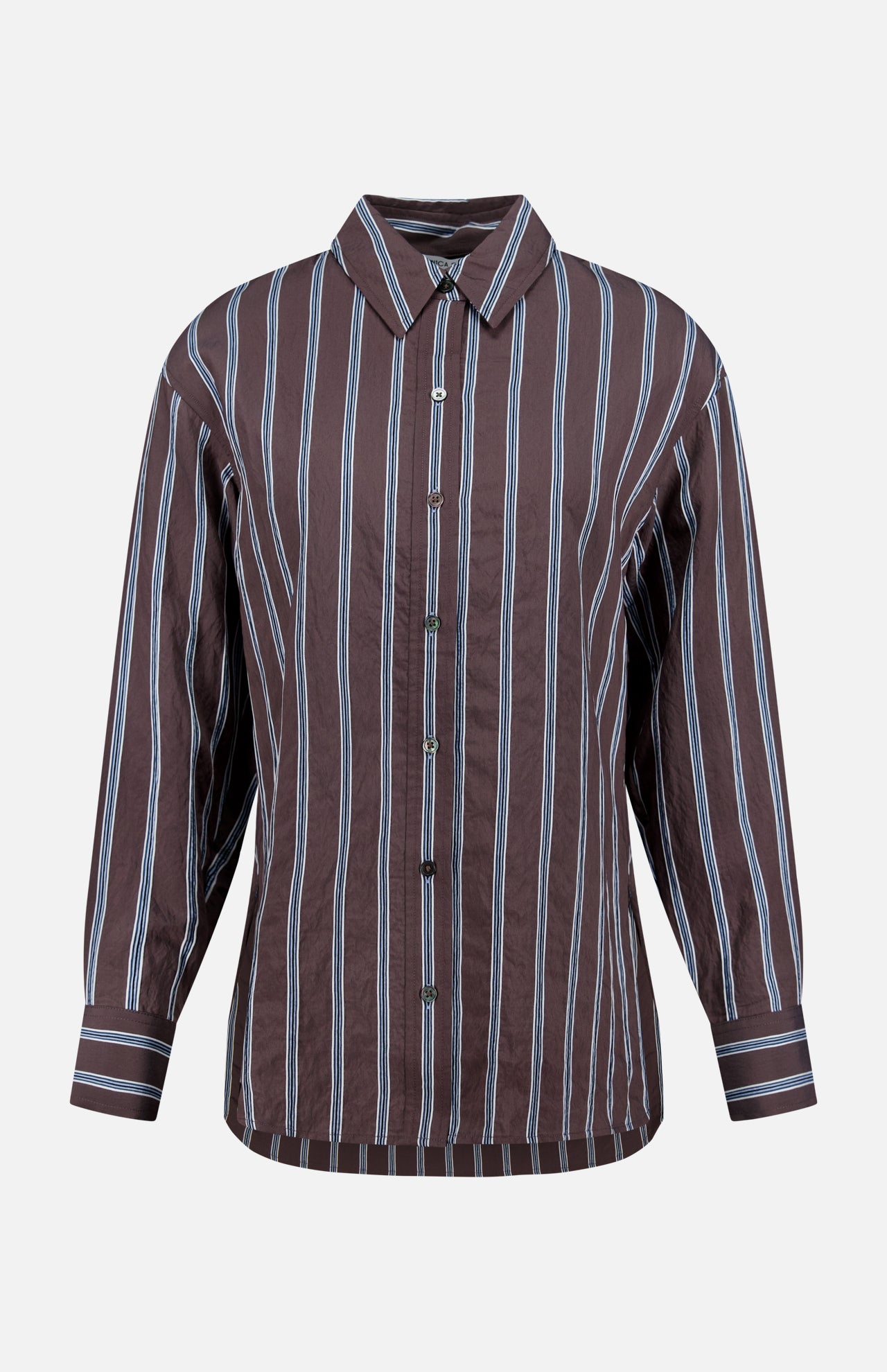 The Lloyd Striped Button Down Shirt by VERONICA BEARD is a relaxed fit brown shirt with vertical blue and white stripes, collar, cuffed sleeves, and a long buttoned front, shown against a plain white background.