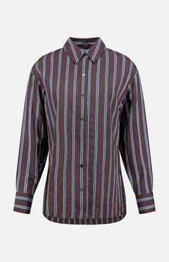 The Lloyd Striped Button Down Shirt by VERONICA BEARD is a relaxed fit brown shirt with vertical blue and white stripes, collar, cuffed sleeves, and a long buttoned front, shown against a plain white background.