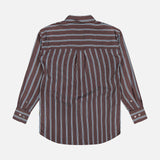 The VERONICA BEARD Lloyd Striped Button Down Shirt is a relaxed-fit, long-sleeve brown shirt with white and blue vertical stripes, shown from the back, featuring a center pleat and buttoned cuffs for style.