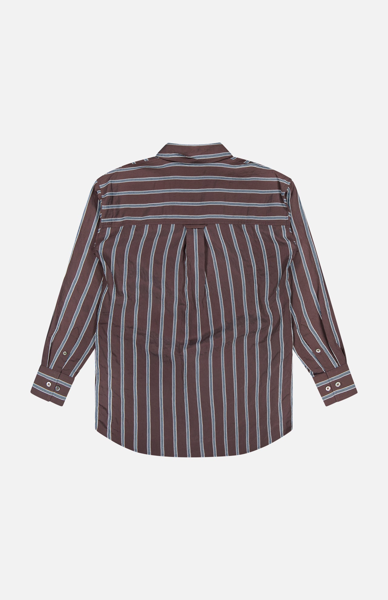 The VERONICA BEARD Lloyd Striped Button Down Shirt is a relaxed-fit, long-sleeve brown shirt with white and blue vertical stripes, shown from the back, featuring a center pleat and buttoned cuffs for style.