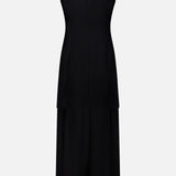 Back view of the Veronica Beard Luminara Sheer Skirt Dress, a sleeveless black midi dress featuring a crystal-embellished neckline.