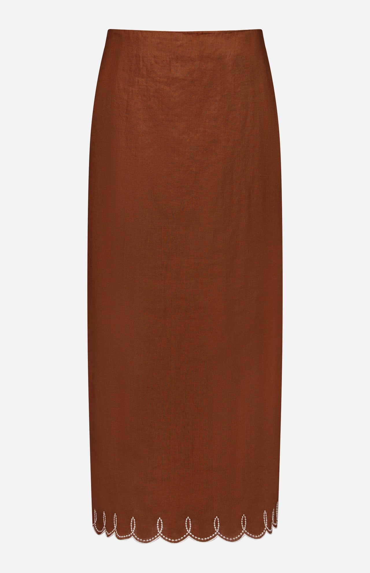 The Malou Embroidered Midi Skirt by VERONICA BEARD is a brown linen skirt with a scalloped hem and white embroidery, featuring an elegant, minimalist design without visible fastenings or patterns.