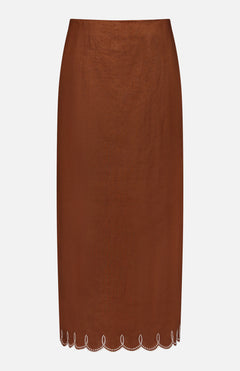 The Malou Embroidered Midi Skirt by VERONICA BEARD is a brown linen skirt with a scalloped hem and white embroidery, featuring an elegant, minimalist design without visible fastenings or patterns.