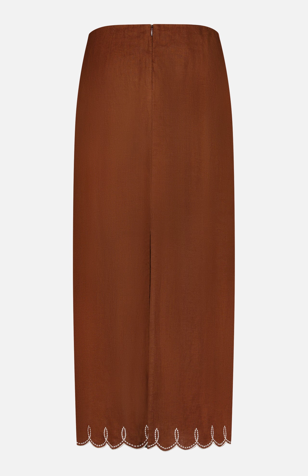 The Malou Embroidered Midi Skirt by VERONICA BEARD is a brown linen midi with a straight silhouette, back zipper, and scalloped hemline accented by delicate white embroidery. The fabric looks smooth and lightweight.