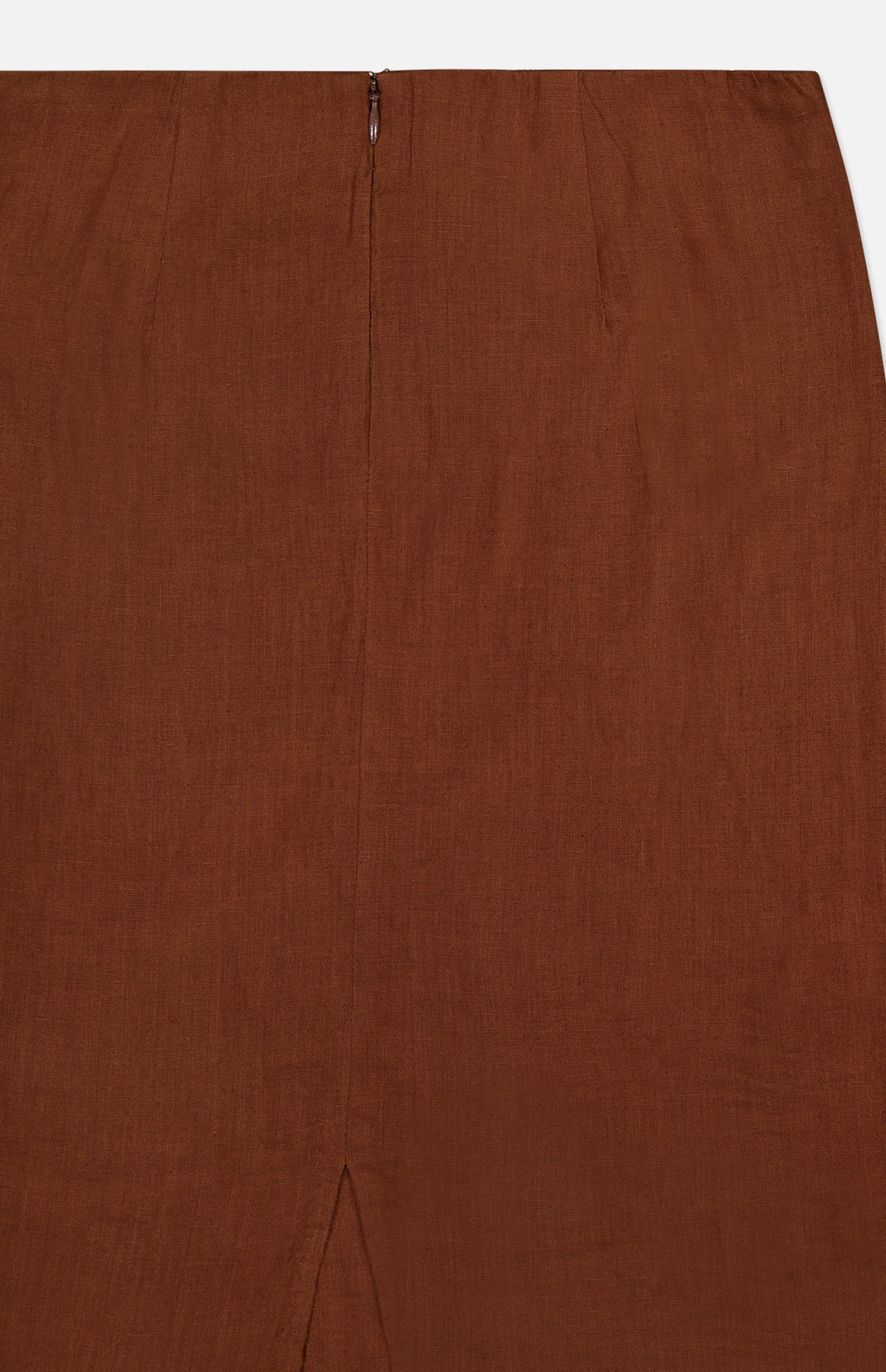 Close-up of the VERONICA BEARD Malou Embroidered Midi Skirt, showcasing brown linen fabric with a center vertical seam, concealed waist zipper, and a small bottom hem slit.
