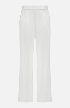The VERONICA BEARD Marbeau Wide Leg Pant features an off-white, high-rise design with pleated front and side pockets, shown against a plain white background.
