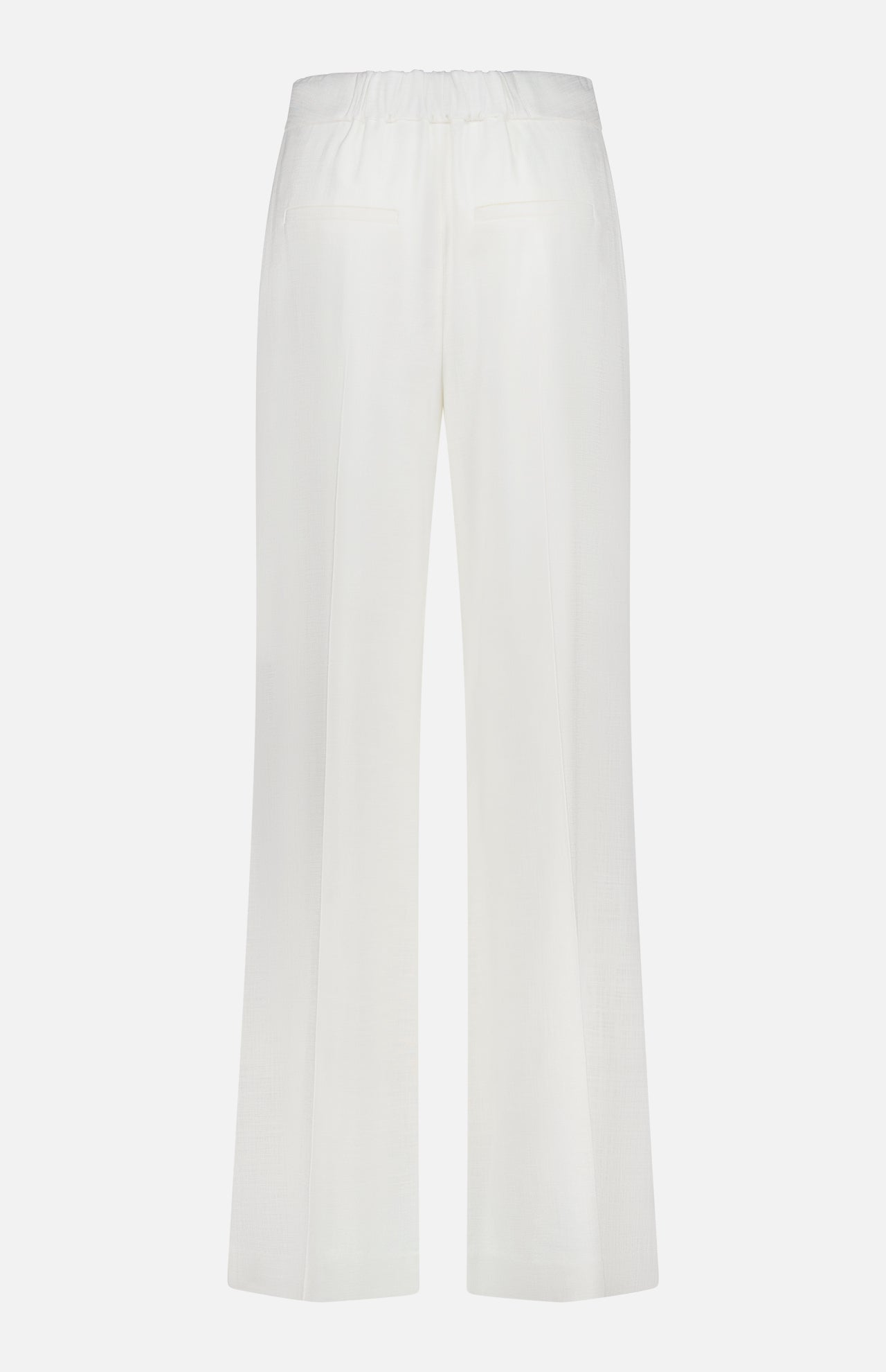 Back view of the VERONICA BEARD Marbeau Wide Leg Pant in off-white, featuring a high-rise fit, elastic waistband, wide-leg silhouette, and two rear welt pockets, shown against a plain white background.