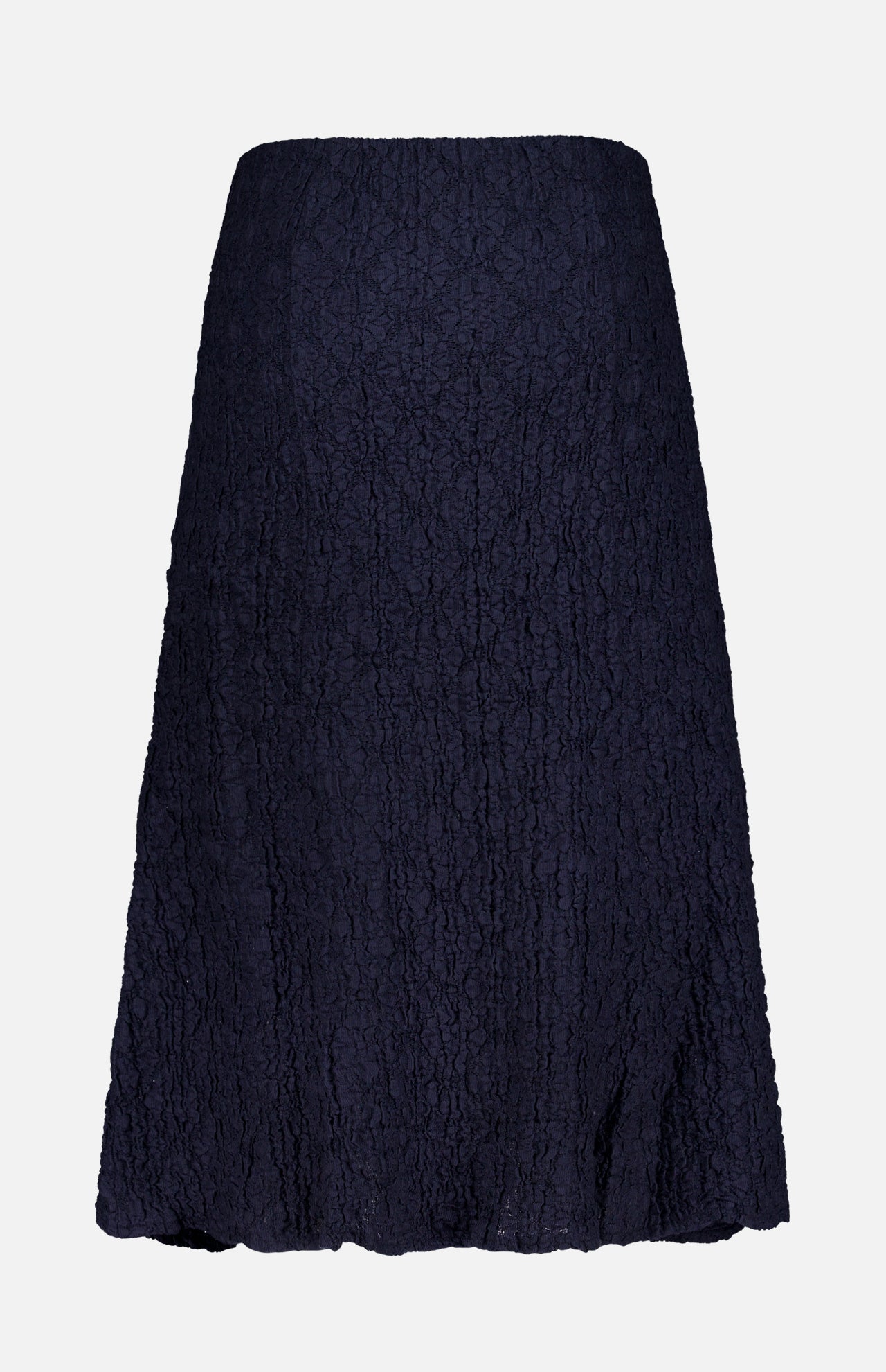 The Massimo Stretch Midi Skirt by VERONICA BEARD is an A-line navy midi skirt with crinkled textured fabric, ideal for transitioning from office to evening. Displayed on a plain white background.