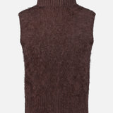 The Mazzy Brushed Cashmere Shell Top by VERONICA BEARD is a sleeveless, high-neck, fuzzy dark brown sweater vest featuring ribbed detailing at the collar and hem, exuding cozy elegance against a plain white background.