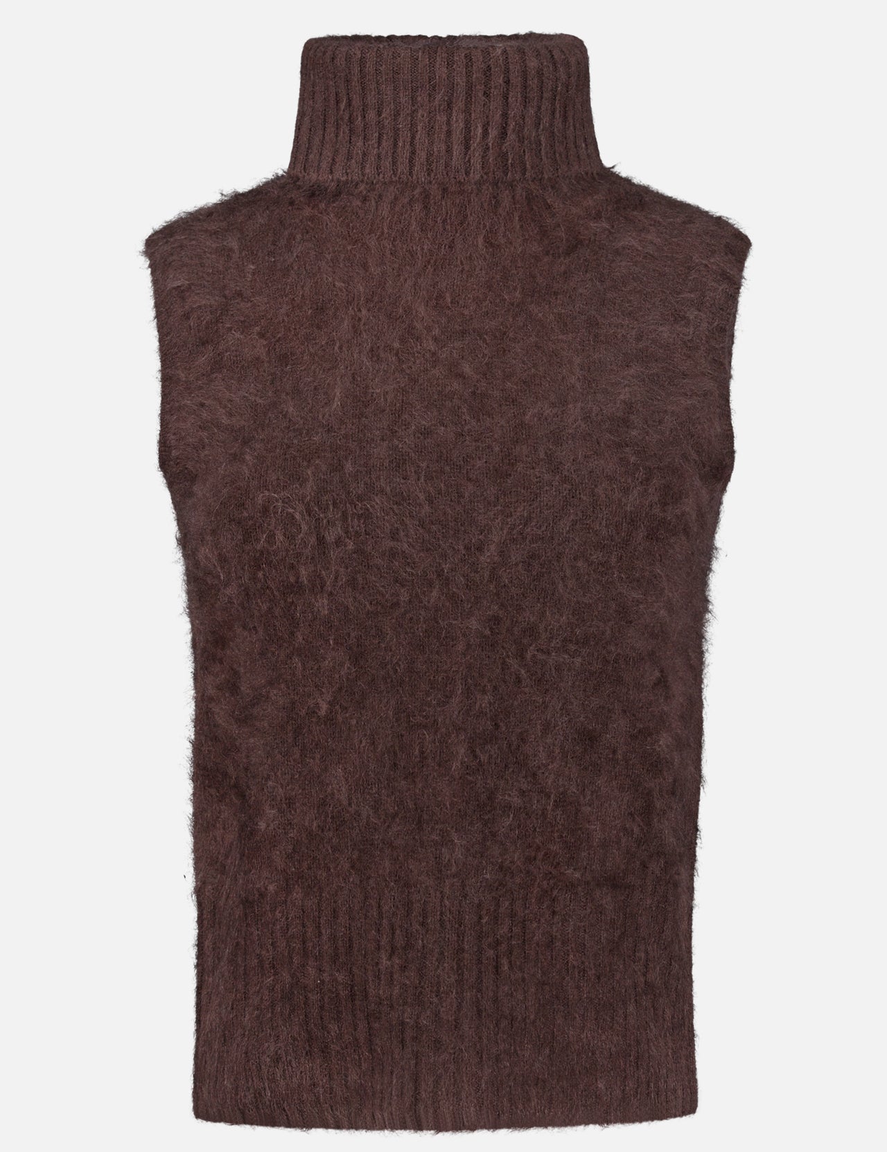 The Mazzy Brushed Cashmere Shell Top by VERONICA BEARD is a sleeveless, high-neck, fuzzy dark brown sweater vest featuring ribbed detailing at the collar and hem, exuding cozy elegance against a plain white background.