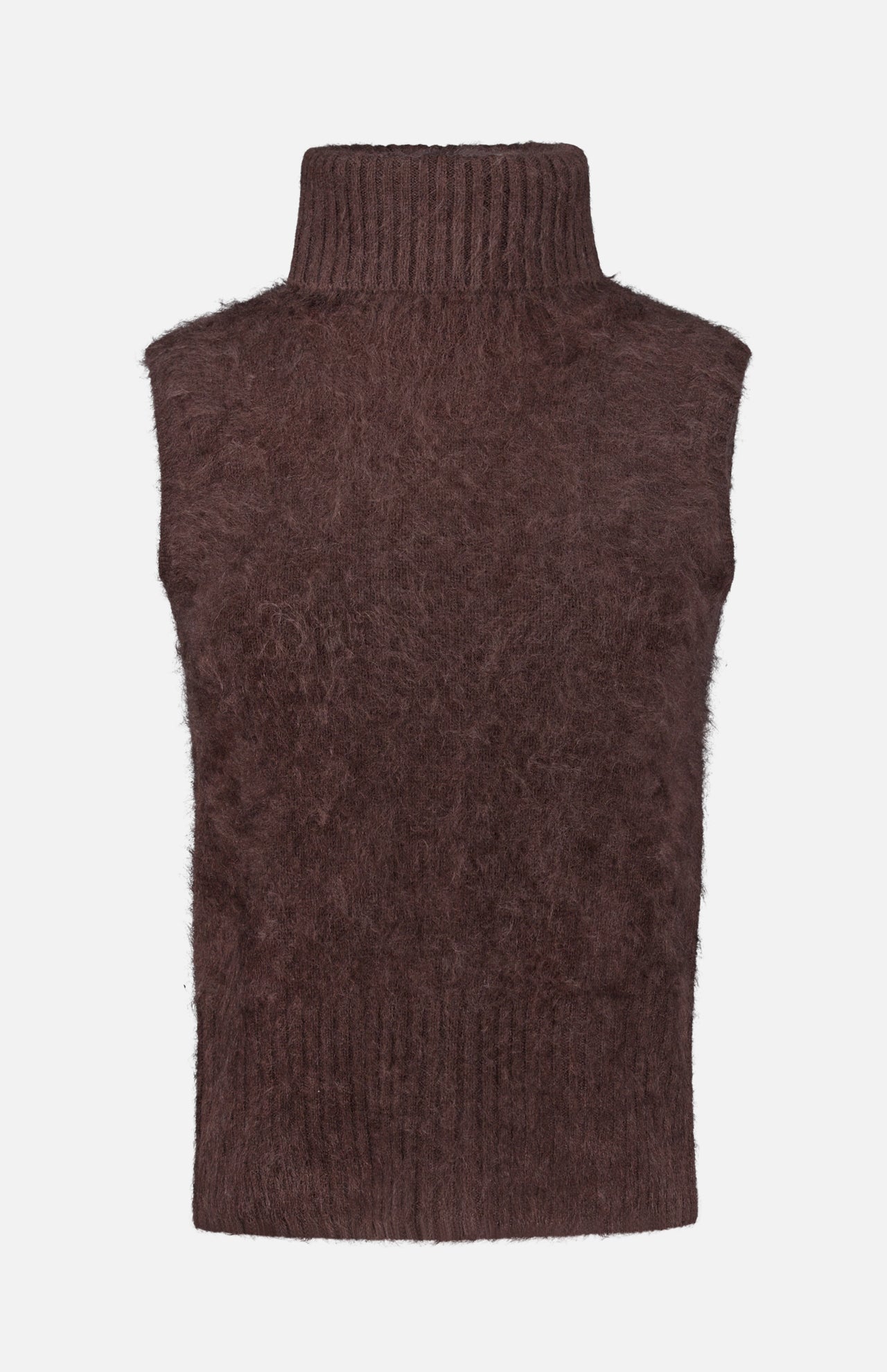 The Mazzy Brushed Cashmere Shell Top by VERONICA BEARD is a sleeveless, high-neck, fuzzy dark brown sweater vest featuring ribbed detailing at the collar and hem, exuding cozy elegance against a plain white background.