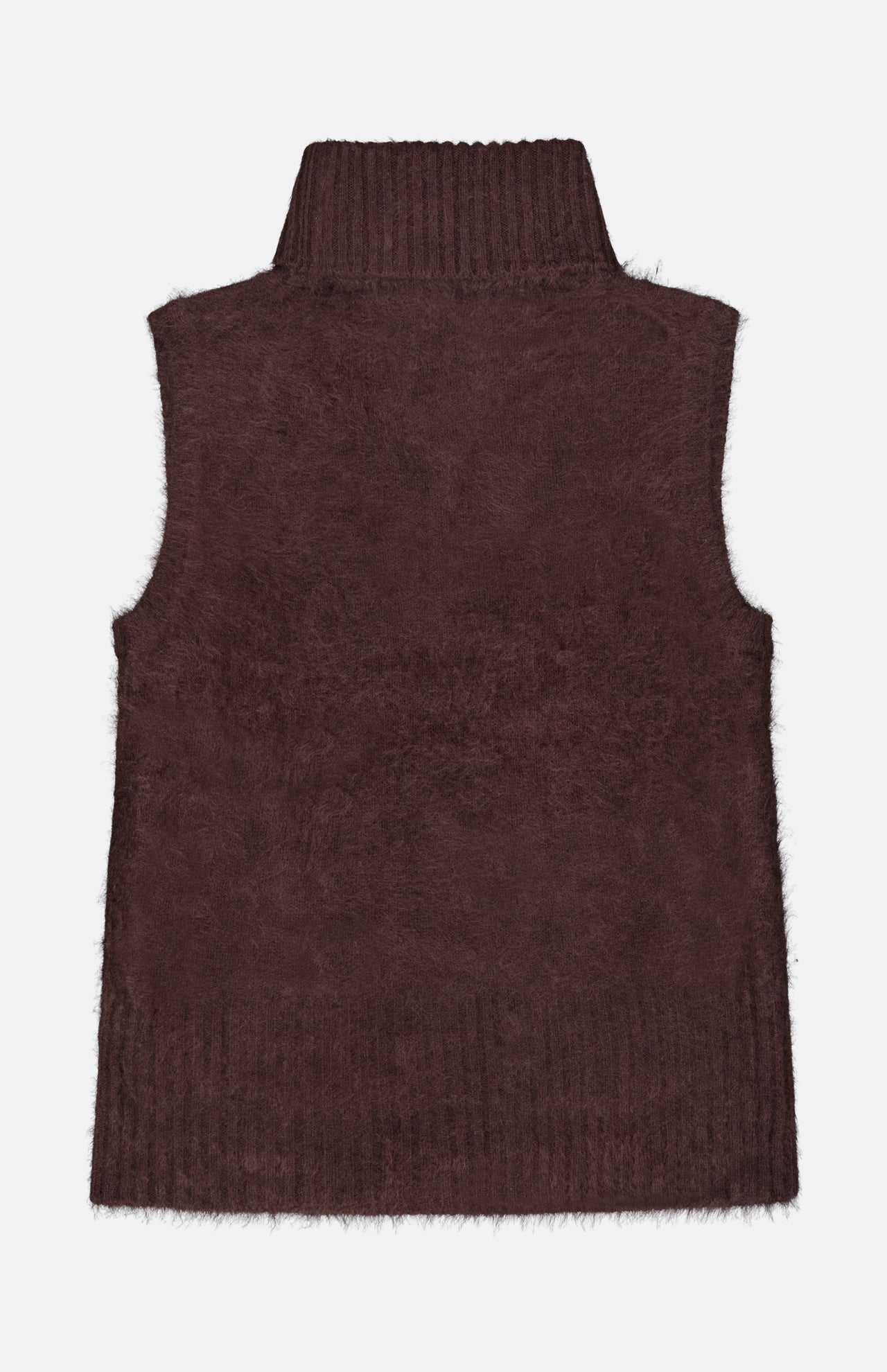 The Mazzy Brushed Cashmere Shell Top by VERONICA BEARD is a brown, fuzzy, sleeveless sweater vest featuring a ribbed high collar and hem, shown from the back against a plain light background.