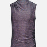 Mylie Sleeveless Metallic Top in gunmetal, a sleeveless mock-neck design in metallic stretch jersey with gathered detail at the shoulder and side.