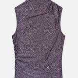 Veronica Beard Mylie Sleeveless Metallic Top in purple, featuring a sleeveless metallic stretch jersey mock-neck design with side ruching.
