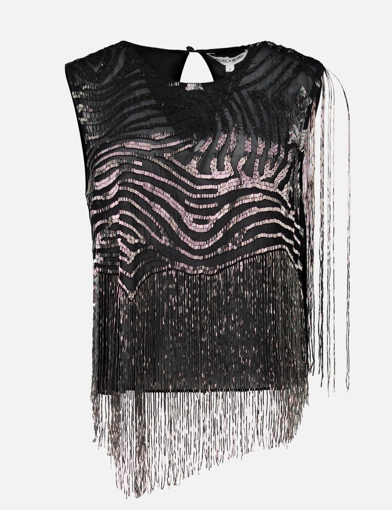 Olivia Zebra Fringe Top: sleeveless black zebra print top featuring a beaded pattern and long, hanging fringe trim.