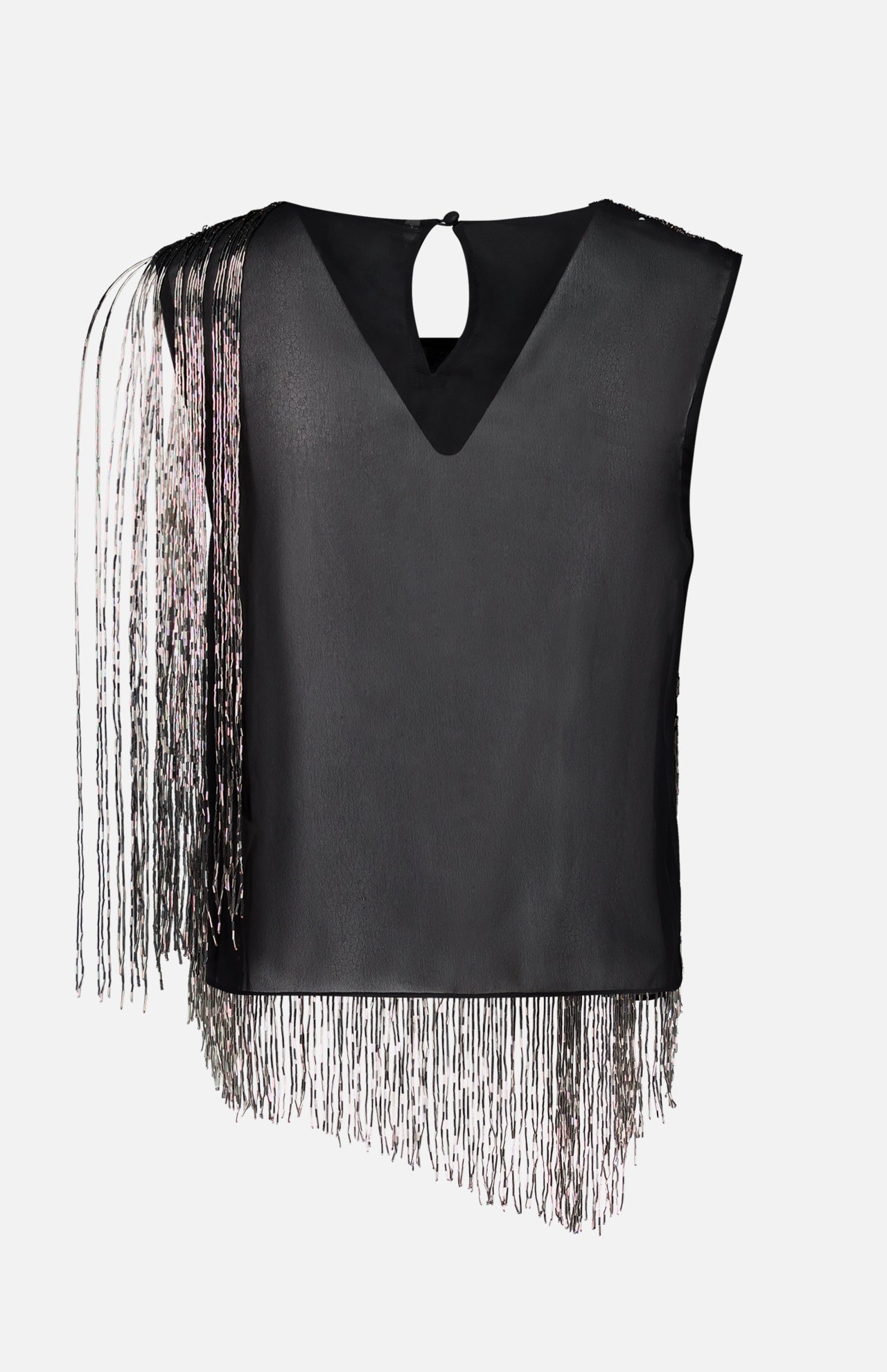 Veronica Beard Olivia Zebra Fringe Top, a black sleeveless v-neck party top with long fringe detailing along one shoulder and an asymmetrical hem.