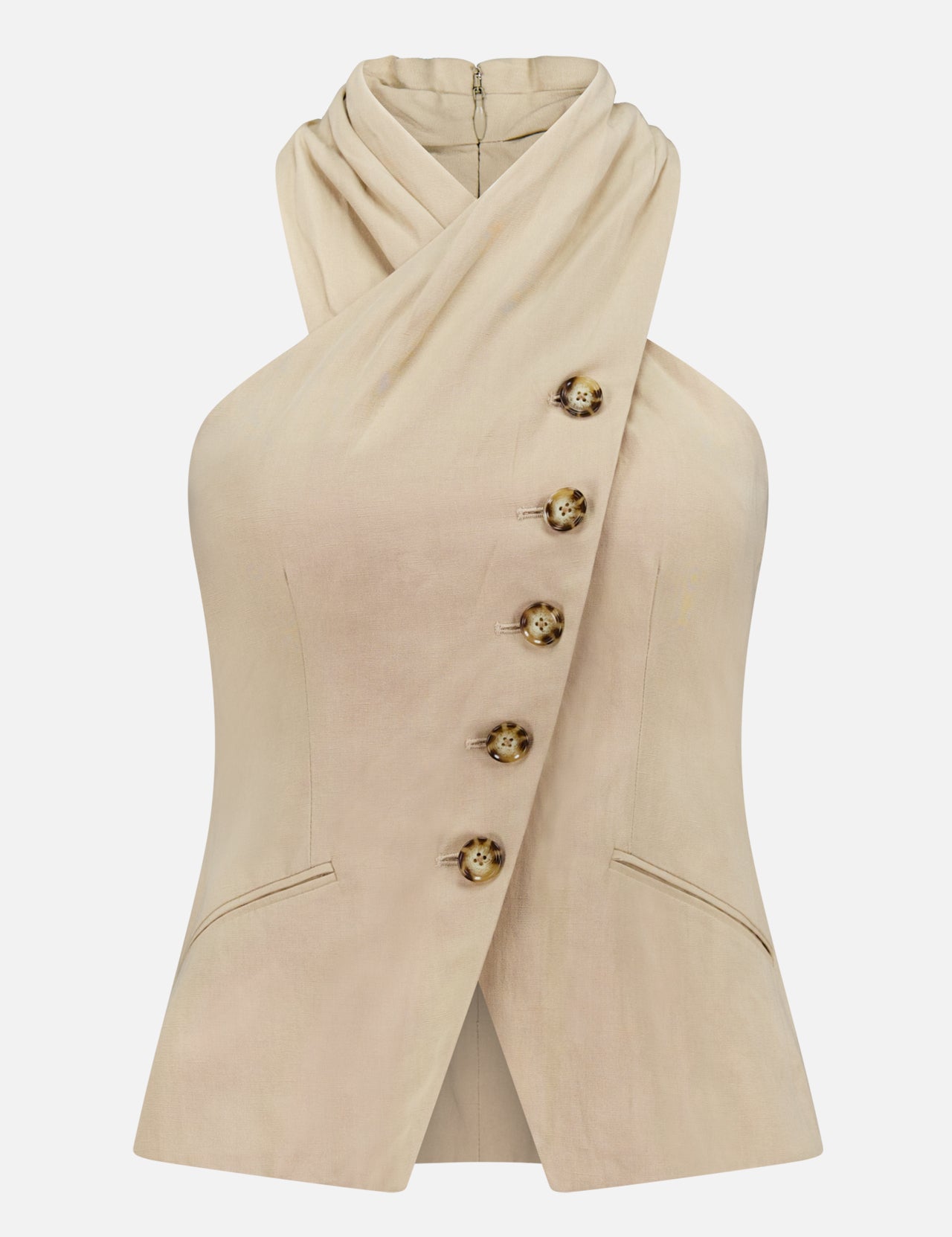 The Pacey Criss-cross Neck Top by VERONICA BEARD features a beige sleeveless design with a unique criss-cross neckline, six diagonal tortoise-shell buttons, and two welt pockets—an ideal top for stylish evenings out.