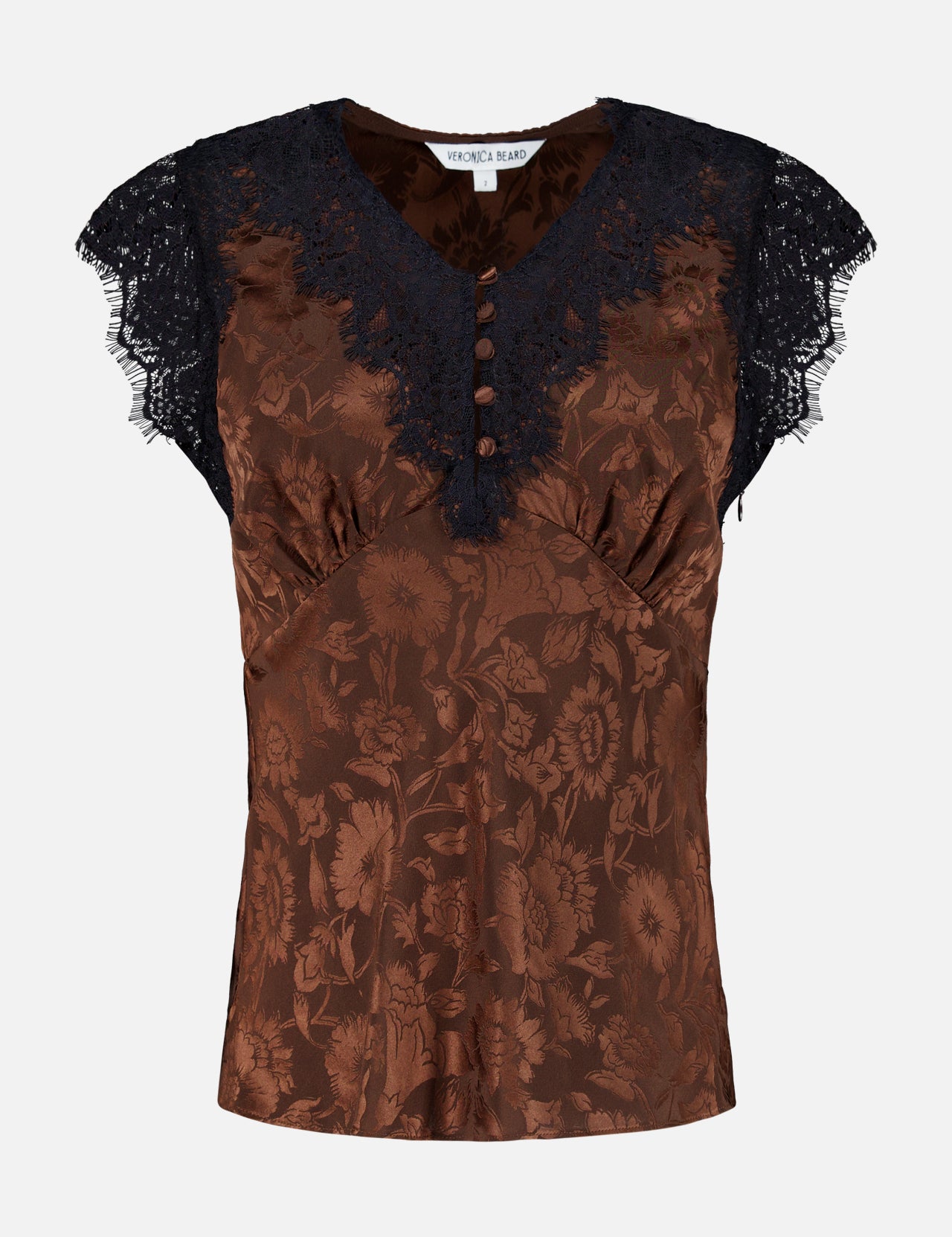 The Pascaline Floral Lace Top by VERONICA BEARD is a brown satin blouse showcasing a delicate floral motif, with short lace-trim sleeves, a flattering V-neckline, and decorative front buttons.