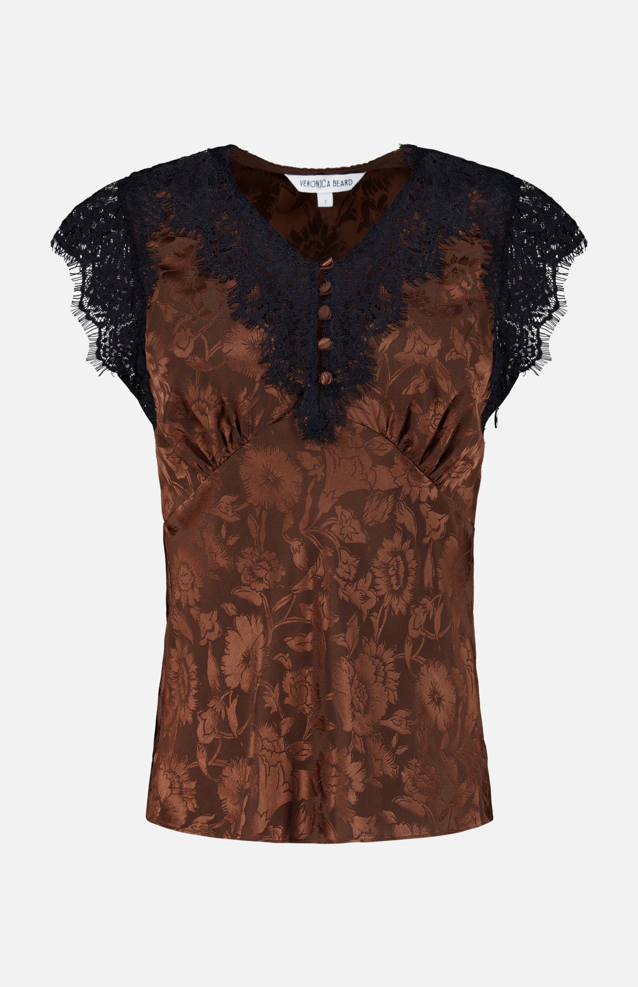 The Pascaline Floral Lace Top by VERONICA BEARD is a brown satin blouse showcasing a delicate floral motif, with short lace-trim sleeves, a flattering V-neckline, and decorative front buttons.