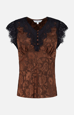 The Pascaline Floral Lace Top by VERONICA BEARD is a brown satin blouse showcasing a delicate floral motif, with short lace-trim sleeves, a flattering V-neckline, and decorative front buttons.