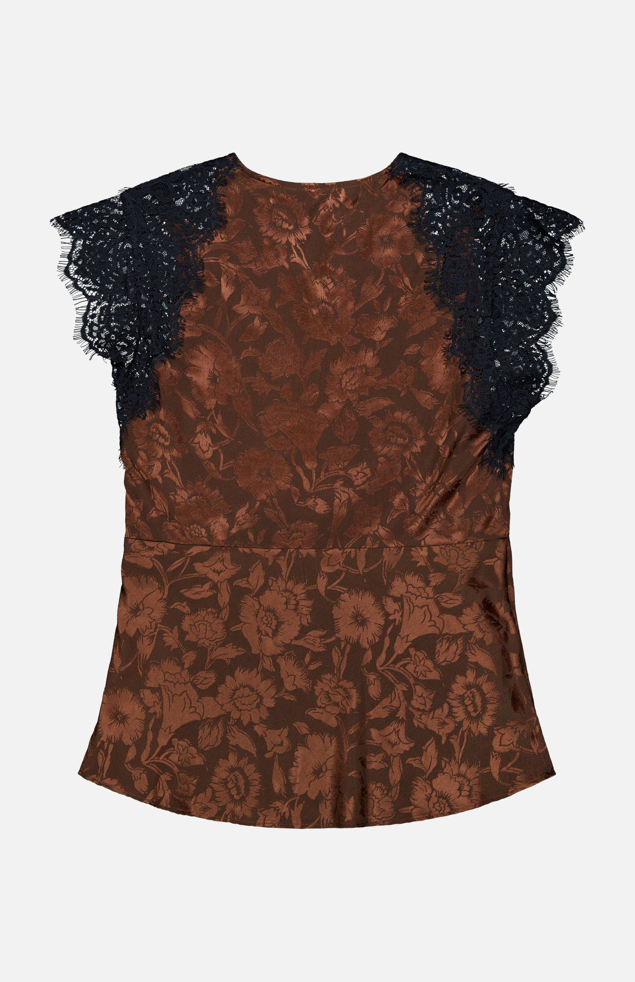 The Pascaline Floral Lace Top by VERONICA BEARD features a brown floral print, short black lace sleeves, and delicate lace trim, seen here from the back. Its tailored fit and subtle sheen accentuate the intricate floral motif across the fabric, offering an elegant and sophisticated look.