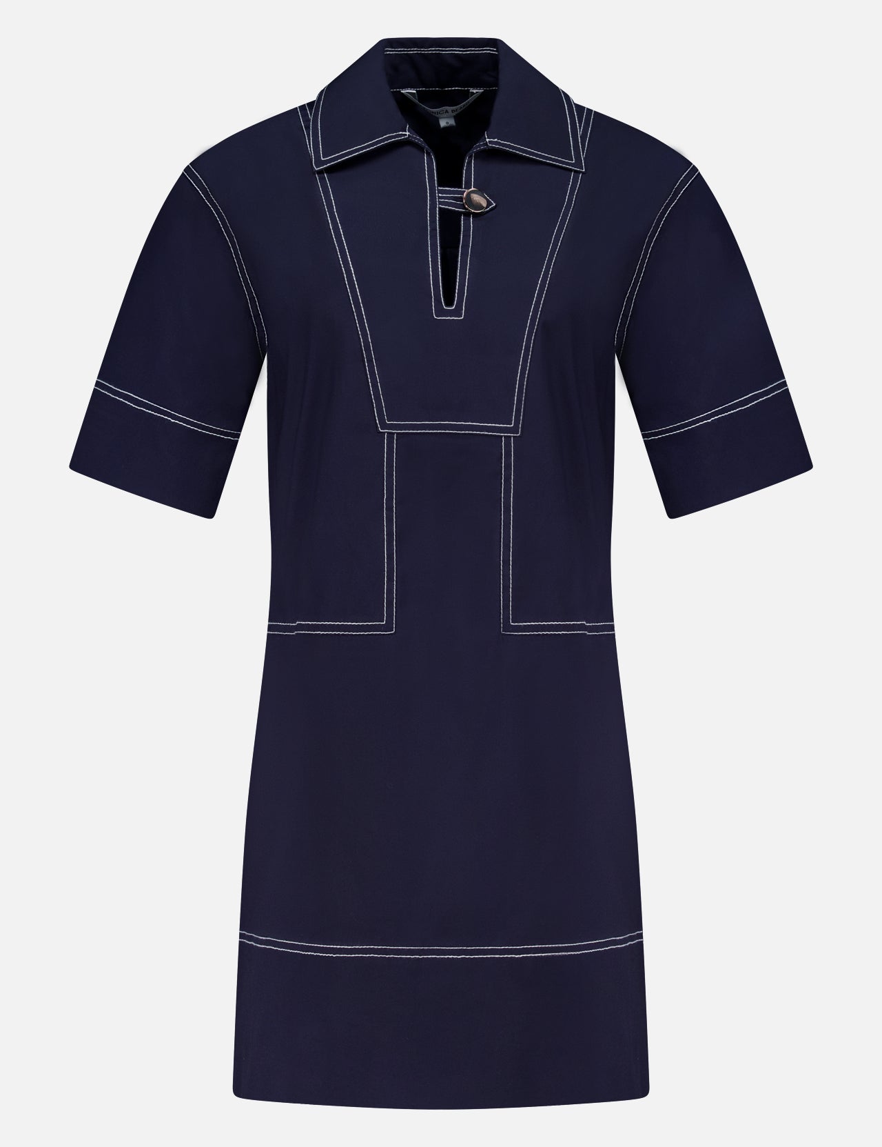 The VERONICA BEARD Phelix Topstitched Mini Dress is a navy stretch-cotton poplin mini dress with white contrast stitching, wide collar, V-neckline with button closure, relaxed sleeves, and geometric front panel detailing.