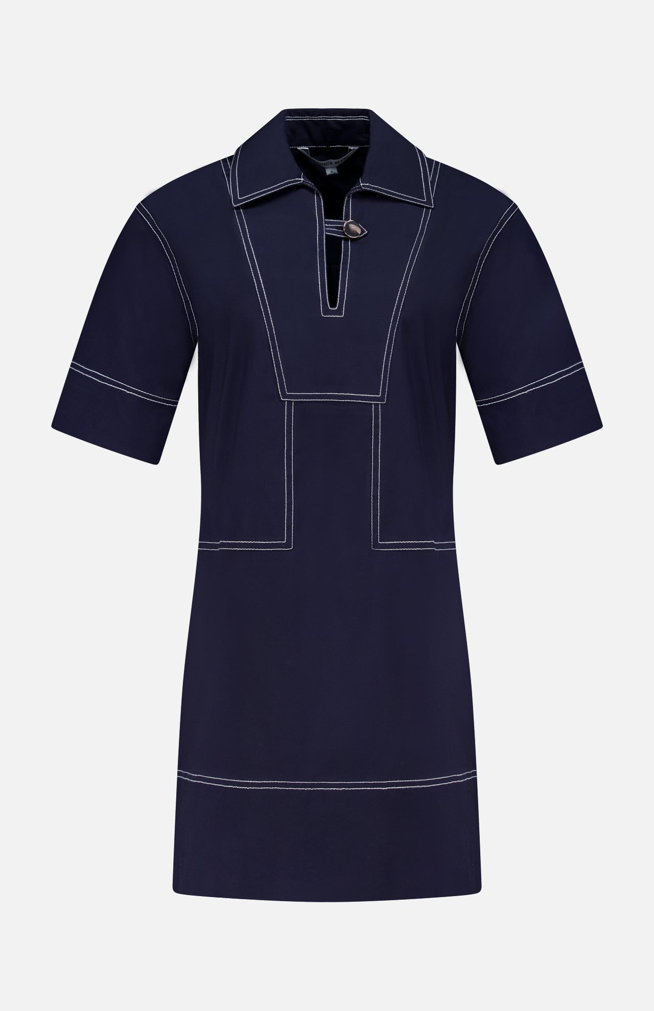The VERONICA BEARD Phelix Topstitched Mini Dress is a navy stretch-cotton poplin mini dress with white contrast stitching, wide collar, V-neckline with button closure, relaxed sleeves, and geometric front panel detailing.