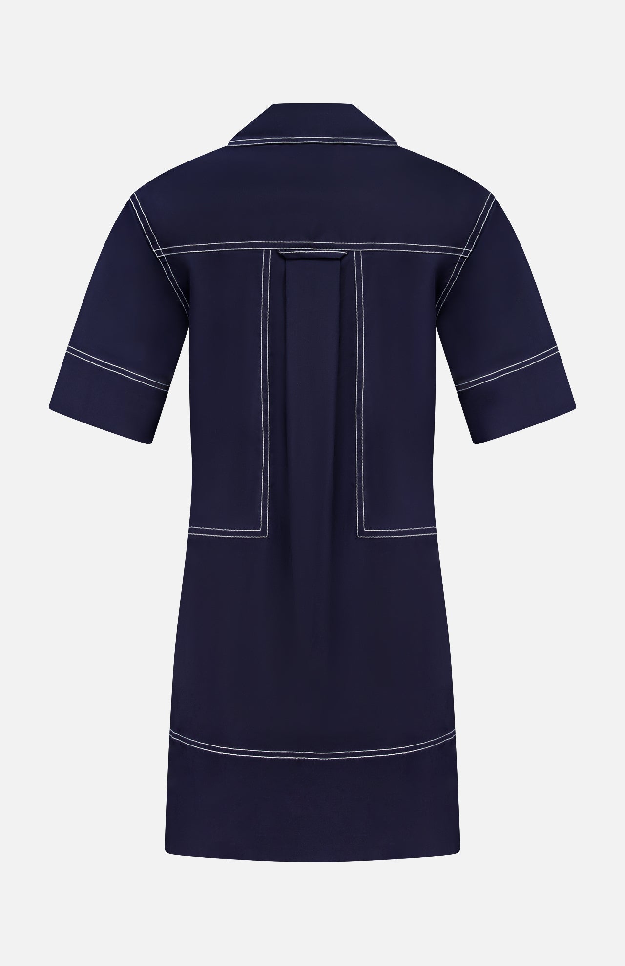 The Phelix Topstitched Mini Dress by VERONICA BEARD is crafted from stretch-cotton poplin with a relaxed fit, white contrast stitching, center box pleat, collared neckline, and navy hue, shown here from the back.