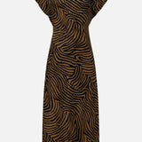 The Veronica Beard Redgrave Ziger Print Dress is a midi-length dress featuring cap sleeves and a brown and black zebra pattern.