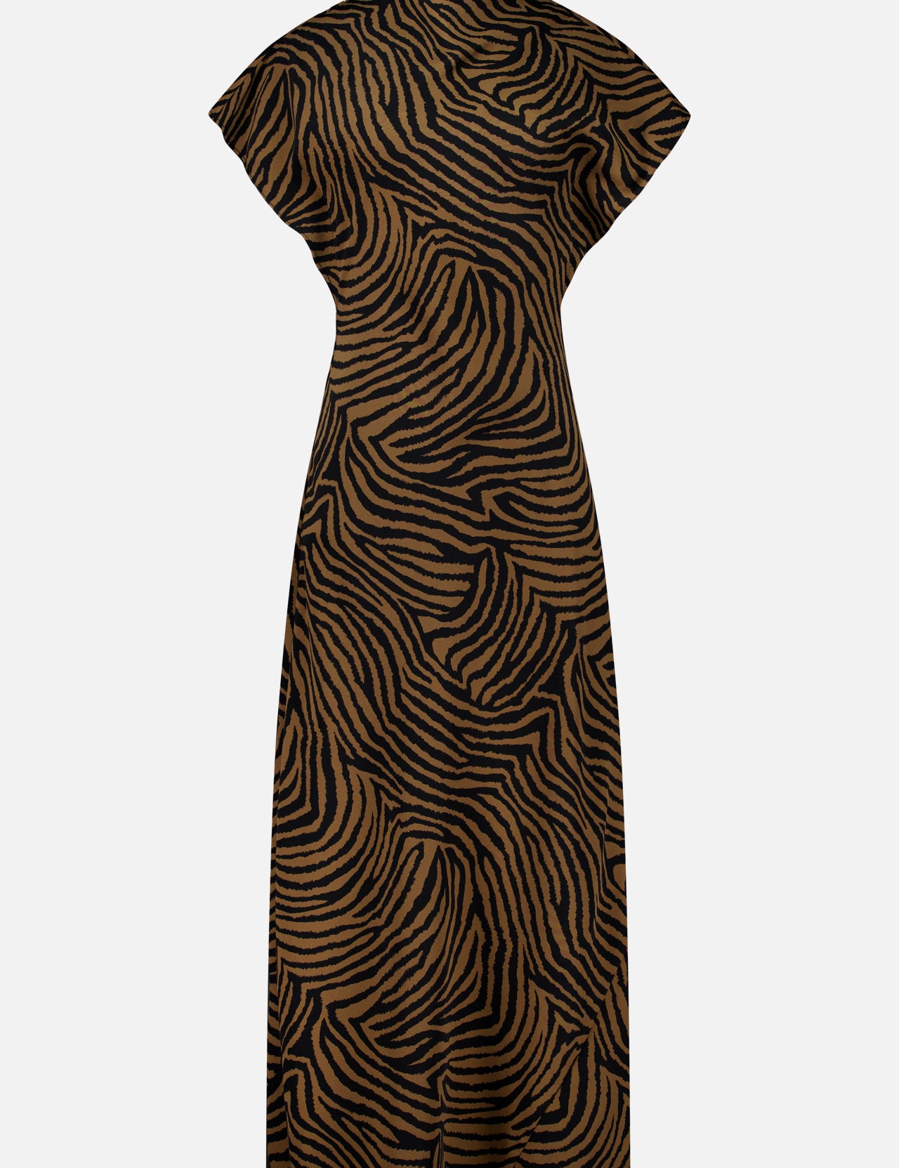 The Veronica Beard Redgrave Ziger Print Dress is a midi-length dress featuring cap sleeves and a brown and black zebra pattern.