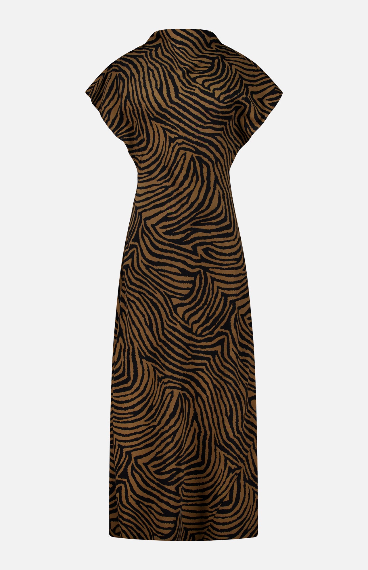 The Veronica Beard Redgrave Ziger Print Dress is a midi-length dress featuring cap sleeves and a brown and black zebra pattern.