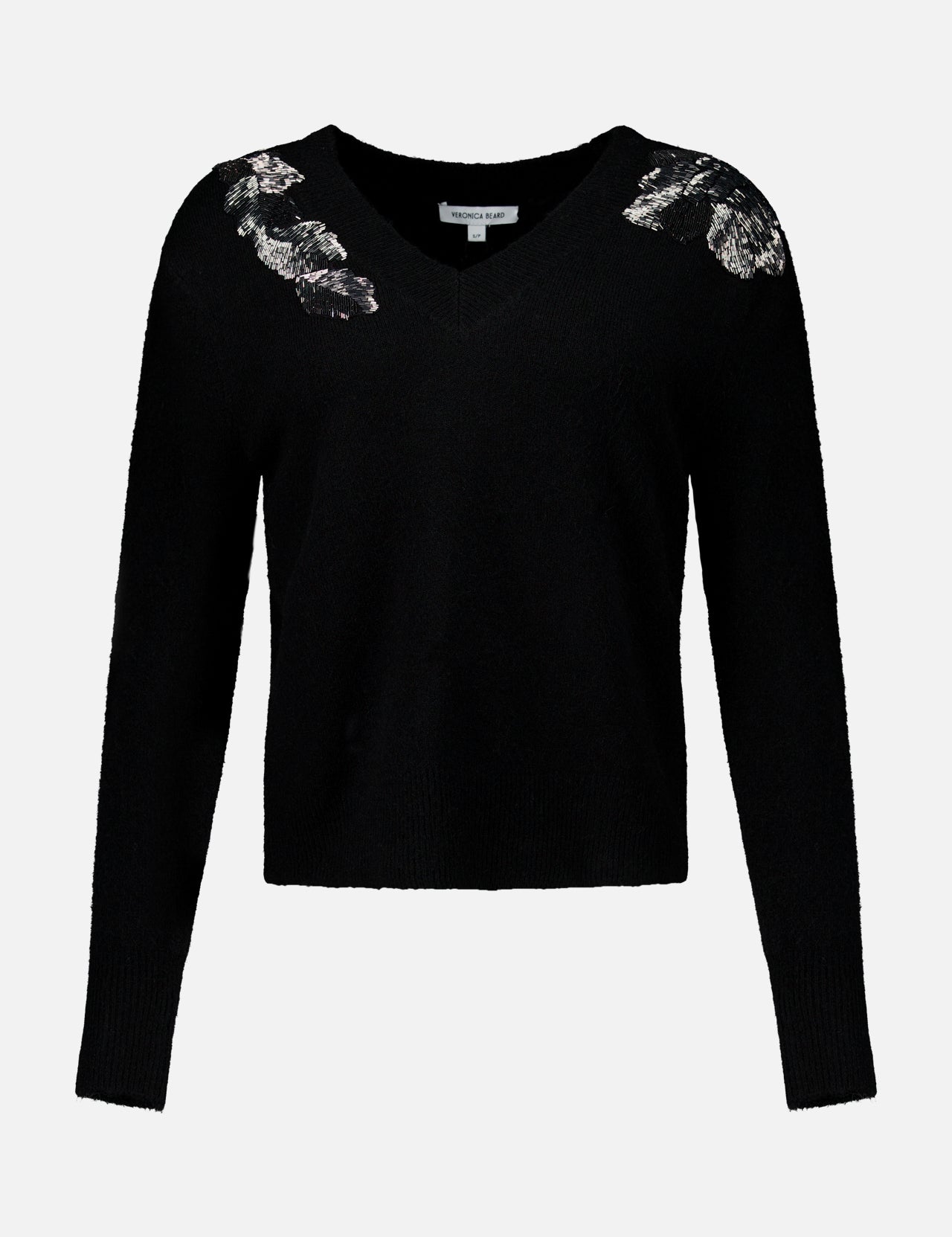 Veronica Beard Saelith Embellished Pullover Sweater in black, featuring a V-neck, long sleeves, and floral beaded embroidery on the shoulders.