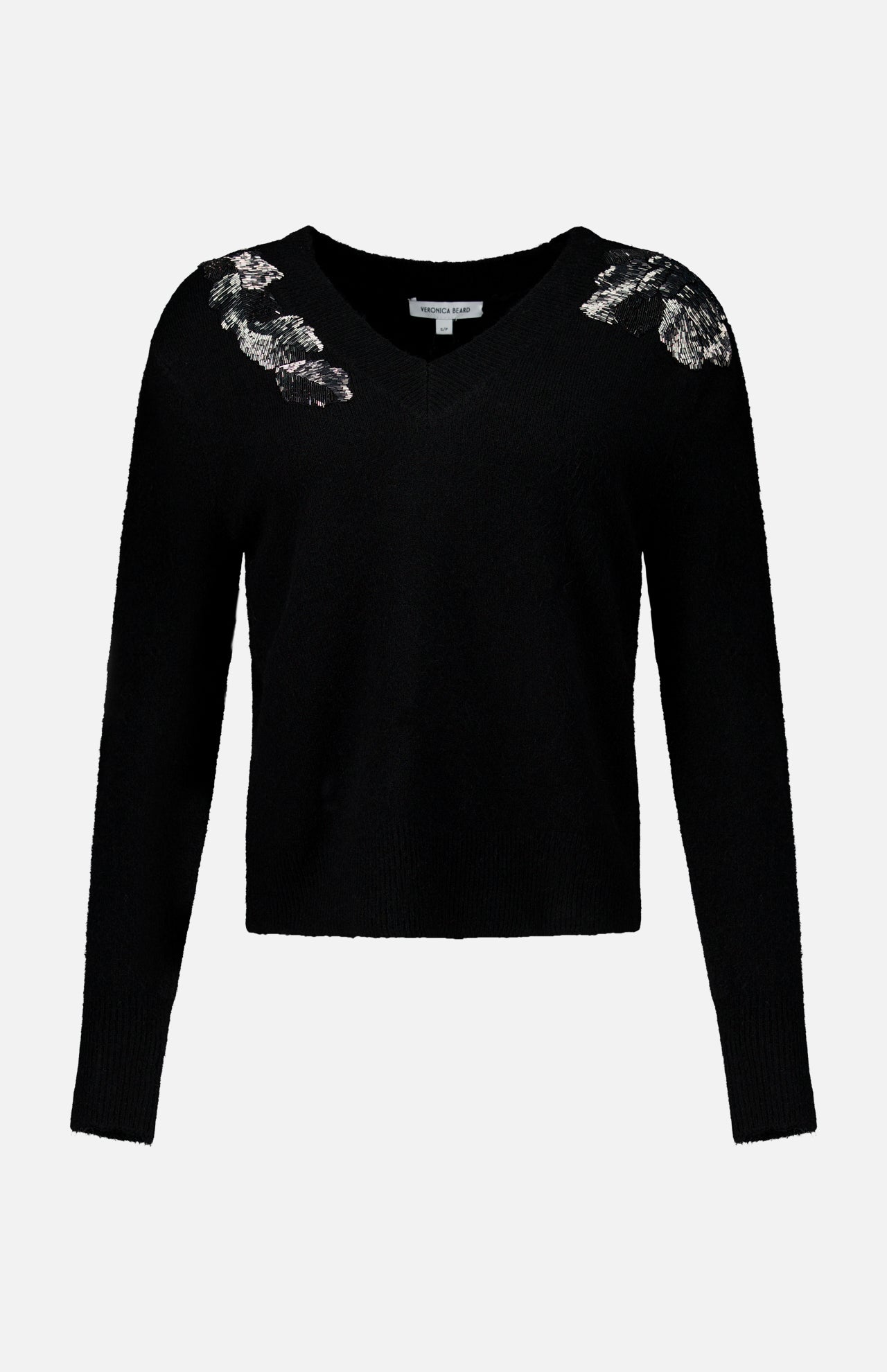 Veronica Beard Saelith Embellished Pullover Sweater in black, featuring a V-neck, long sleeves, and floral beaded embroidery on the shoulders.