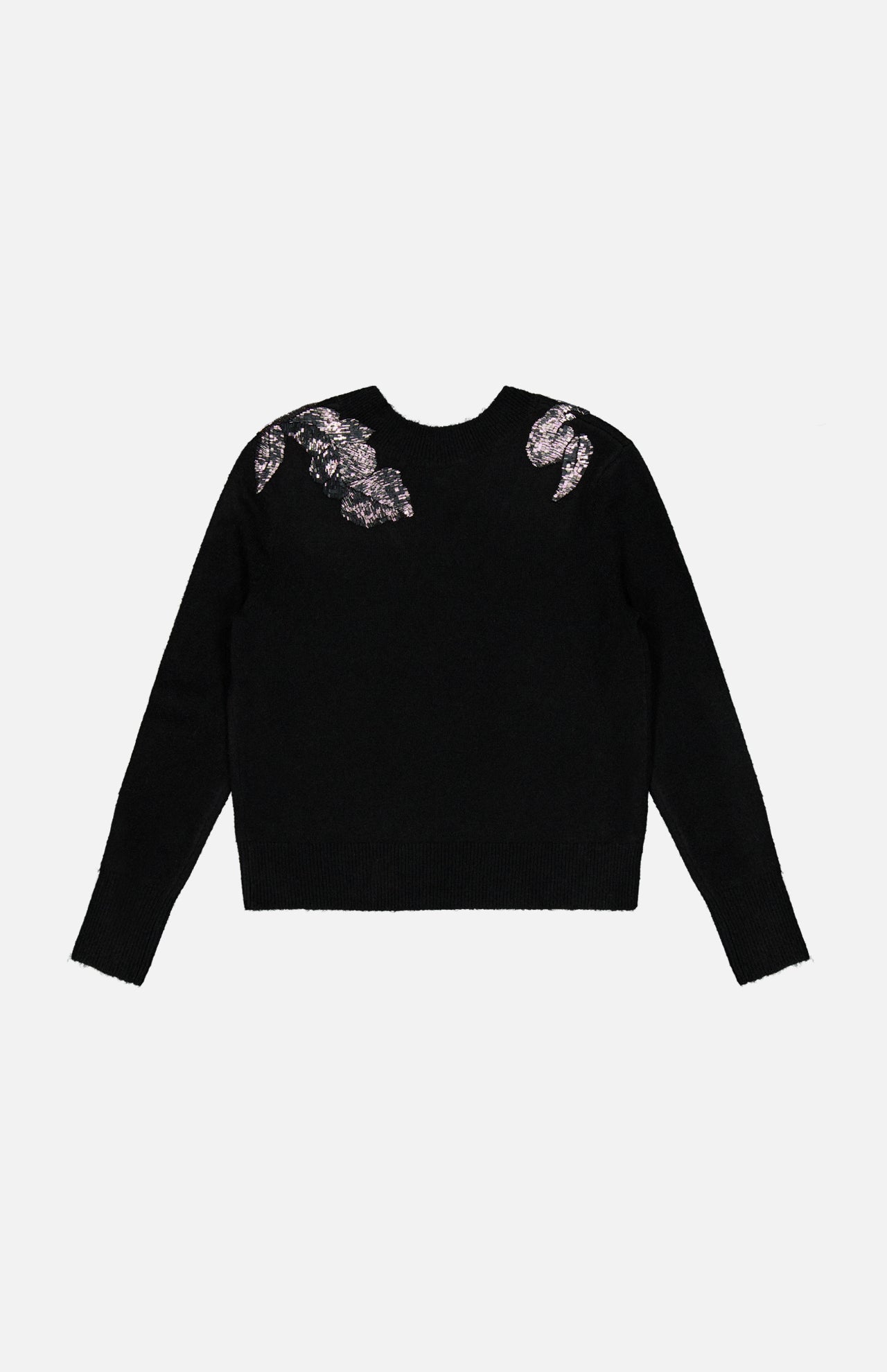 Veronica Beard Saelith Embellished Pullover Sweater in black stretch-wool blend, featuring pink and metallic floral beaded embroidery on the long-sleeved shoulders.
