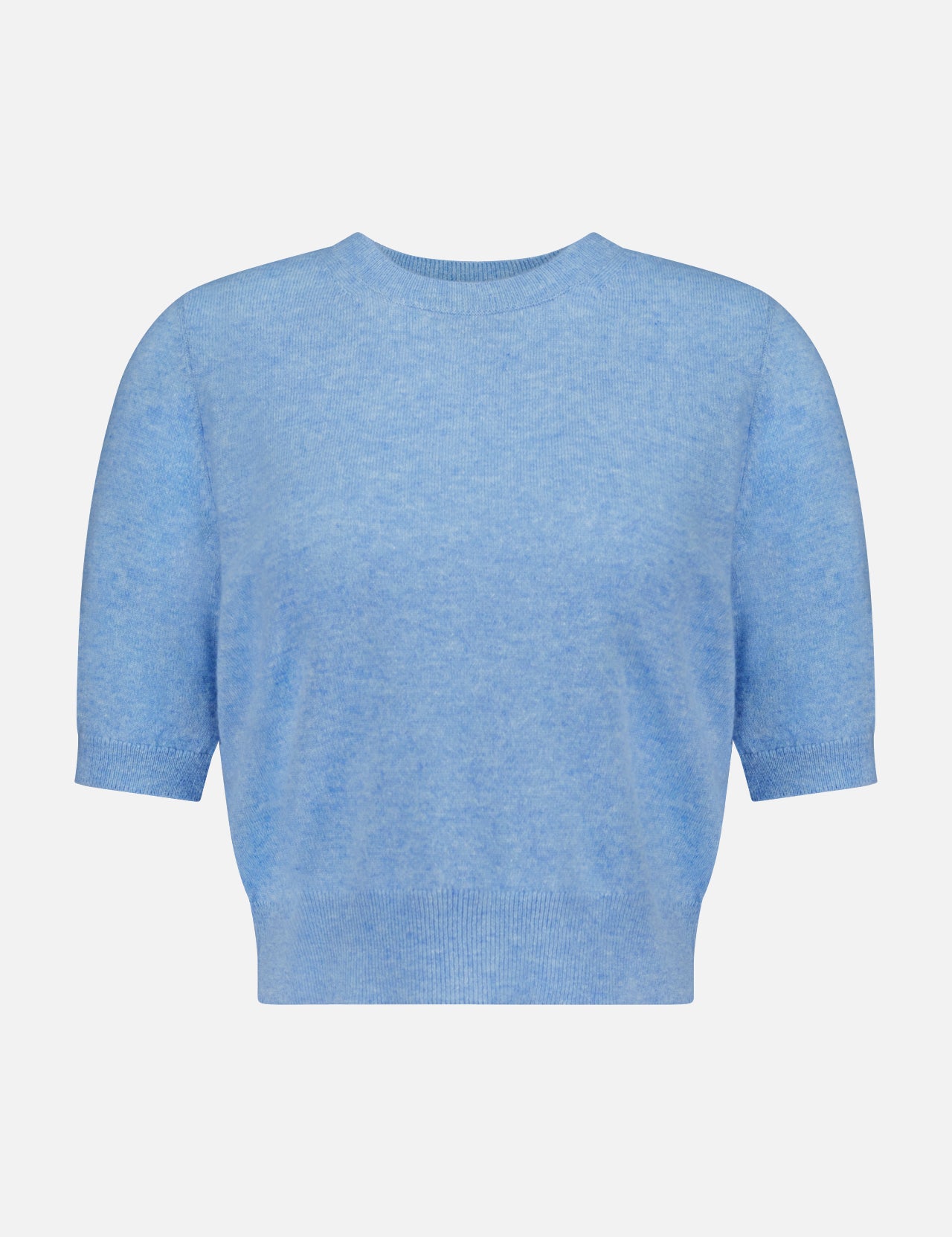 The Shana Cropped Cashmere Sweater by VERONICA BEARD is a light blue, short-sleeved, crew neck sweater featuring a relaxed fit with ribbed hem and cuffs, shown against a plain white background.