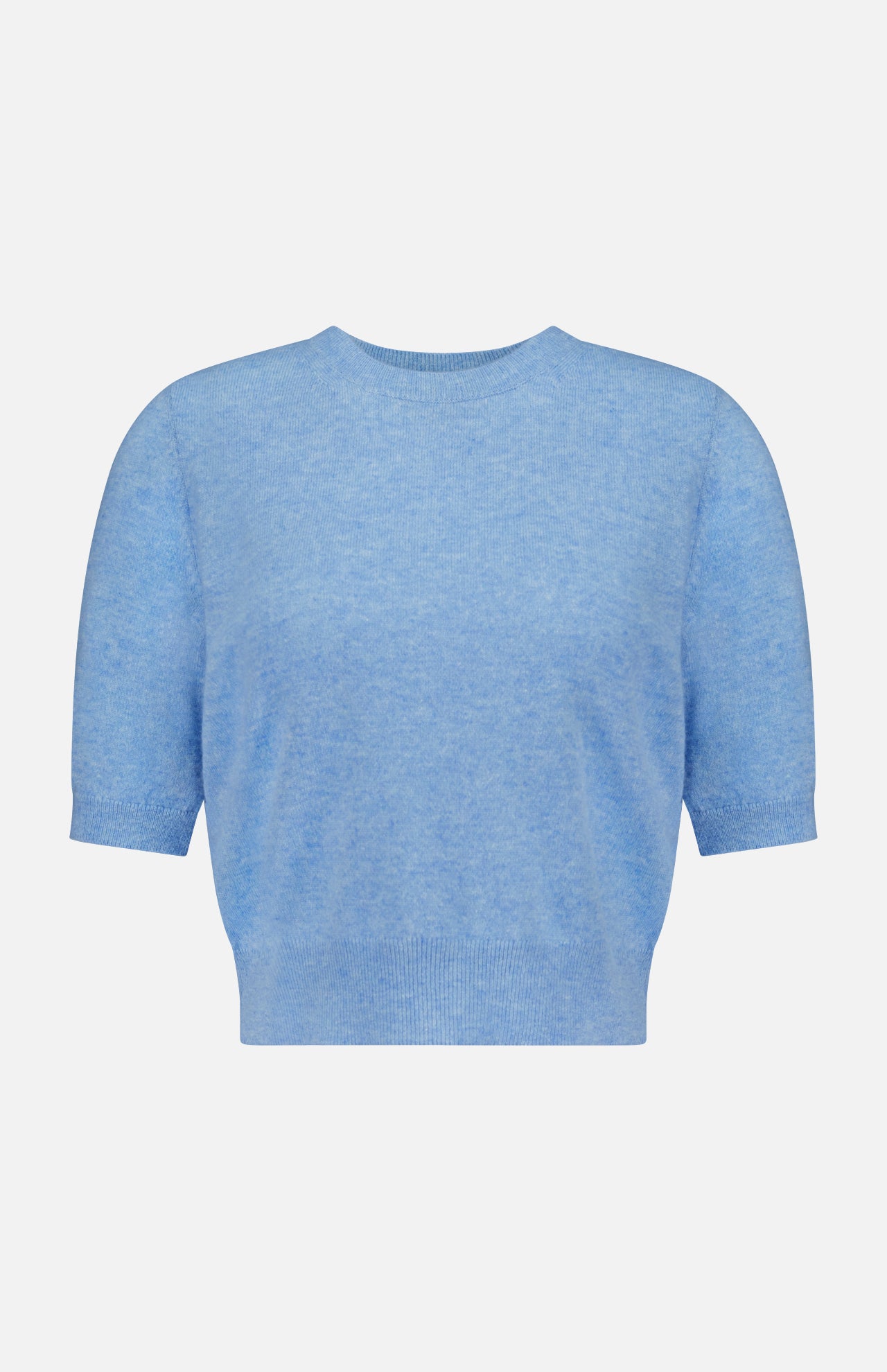 The Shana Cropped Cashmere Sweater by VERONICA BEARD is a light blue, short-sleeved, crew neck sweater featuring a relaxed fit with ribbed hem and cuffs, shown against a plain white background.