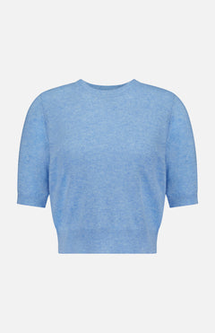 The Shana Cropped Cashmere Sweater by VERONICA BEARD is a light blue, short-sleeved, crew neck sweater featuring a relaxed fit with ribbed hem and cuffs, shown against a plain white background.