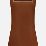 The Shanice Embroidered Mini Dress by VERONICA BEARD features a sleeveless design, square neckline with embroidered trim, scalloped hem, and lightweight textured fabric.