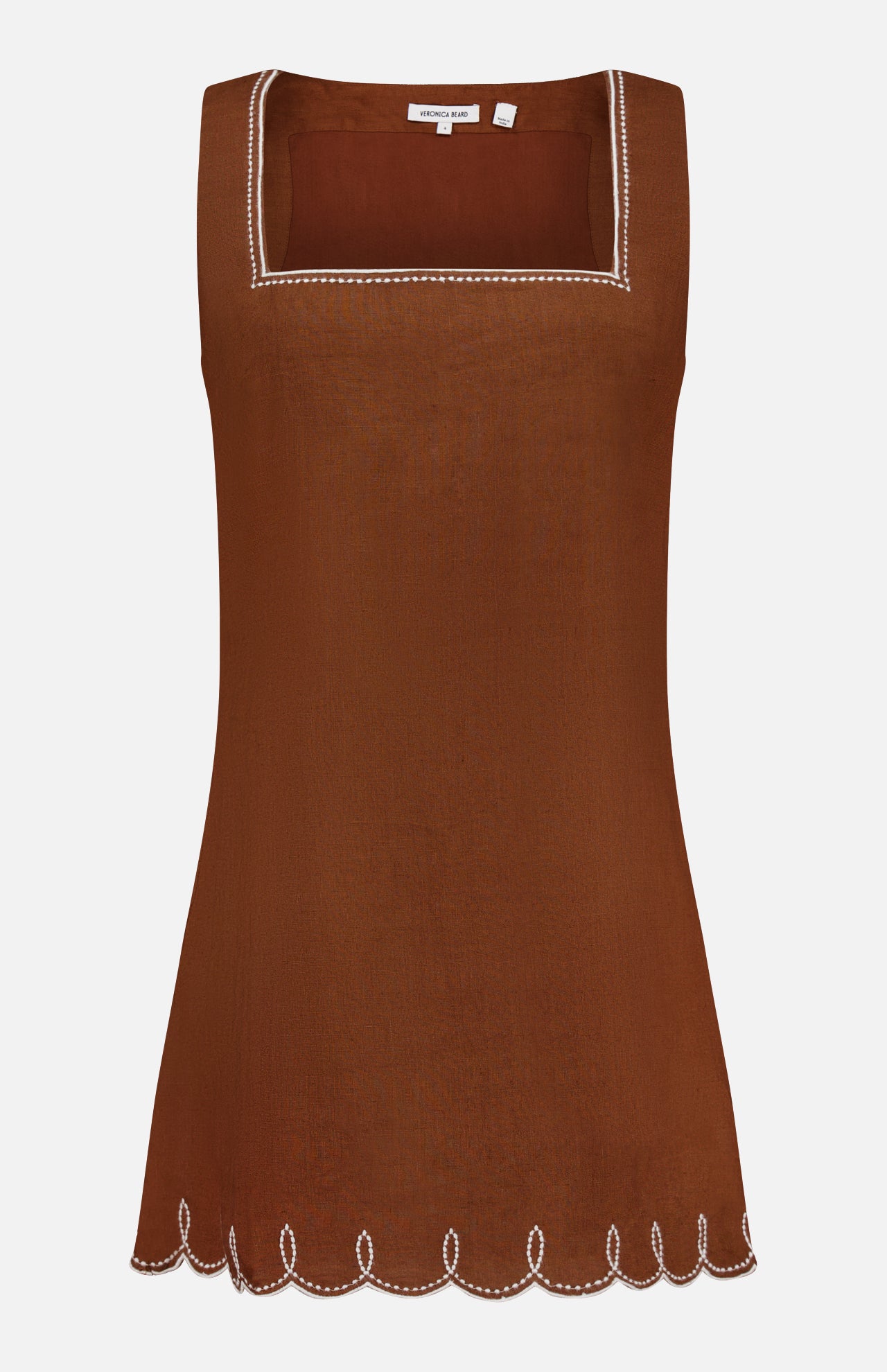 The Shanice Embroidered Mini Dress by VERONICA BEARD features a sleeveless design, square neckline with embroidered trim, scalloped hem, and lightweight textured fabric.