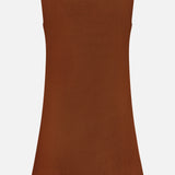 The Shanice Embroidered Mini Dress by VERONICA BEARD is a sleeveless brown linen mini dress with a rounded neckline, scalloped hem, and white embroidered trim along the neckline and bottom edge, shown from the back against a white background.
