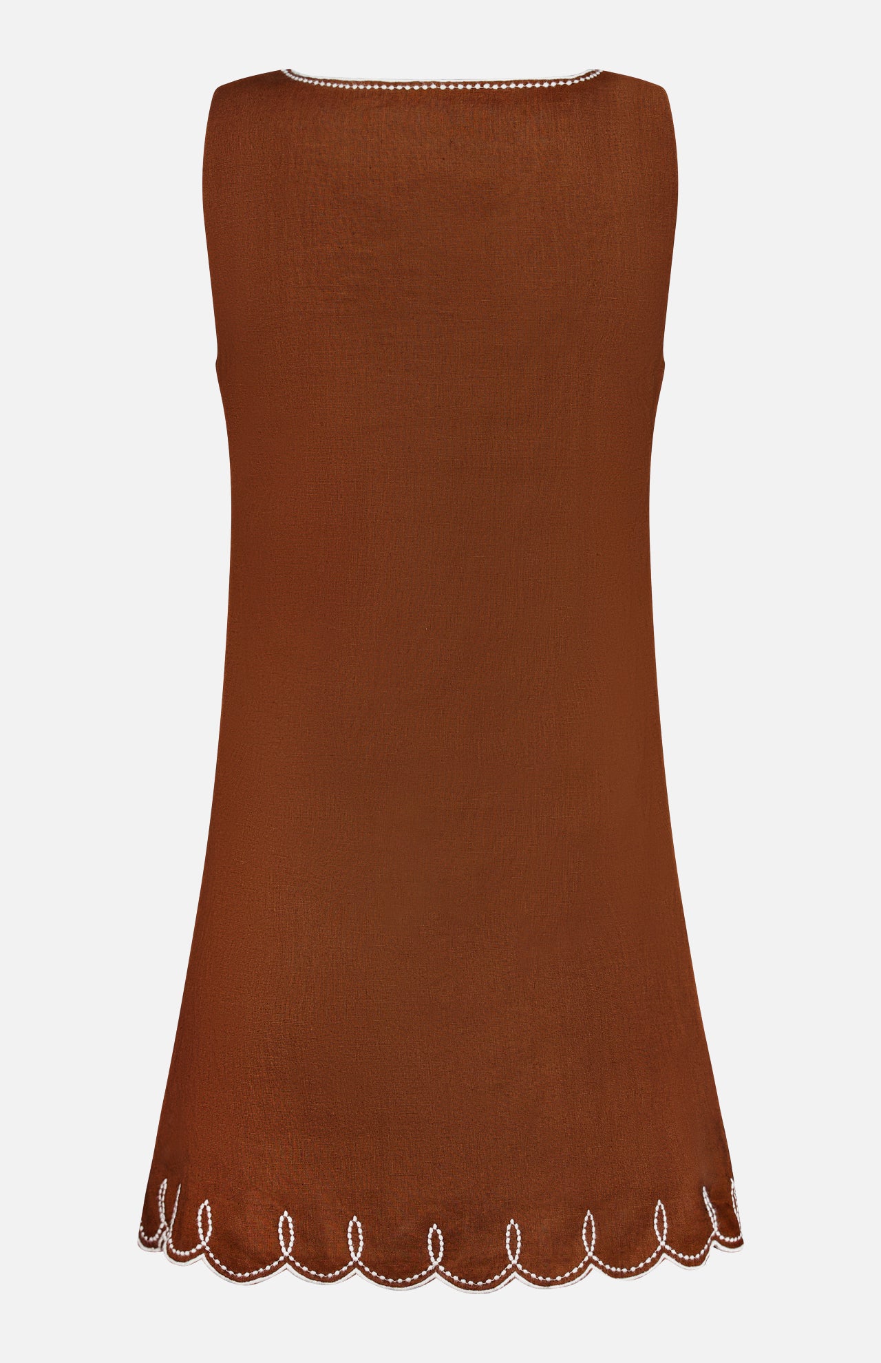 The Shanice Embroidered Mini Dress by VERONICA BEARD is a sleeveless brown linen mini dress with a rounded neckline, scalloped hem, and white embroidered trim along the neckline and bottom edge, shown from the back against a white background.