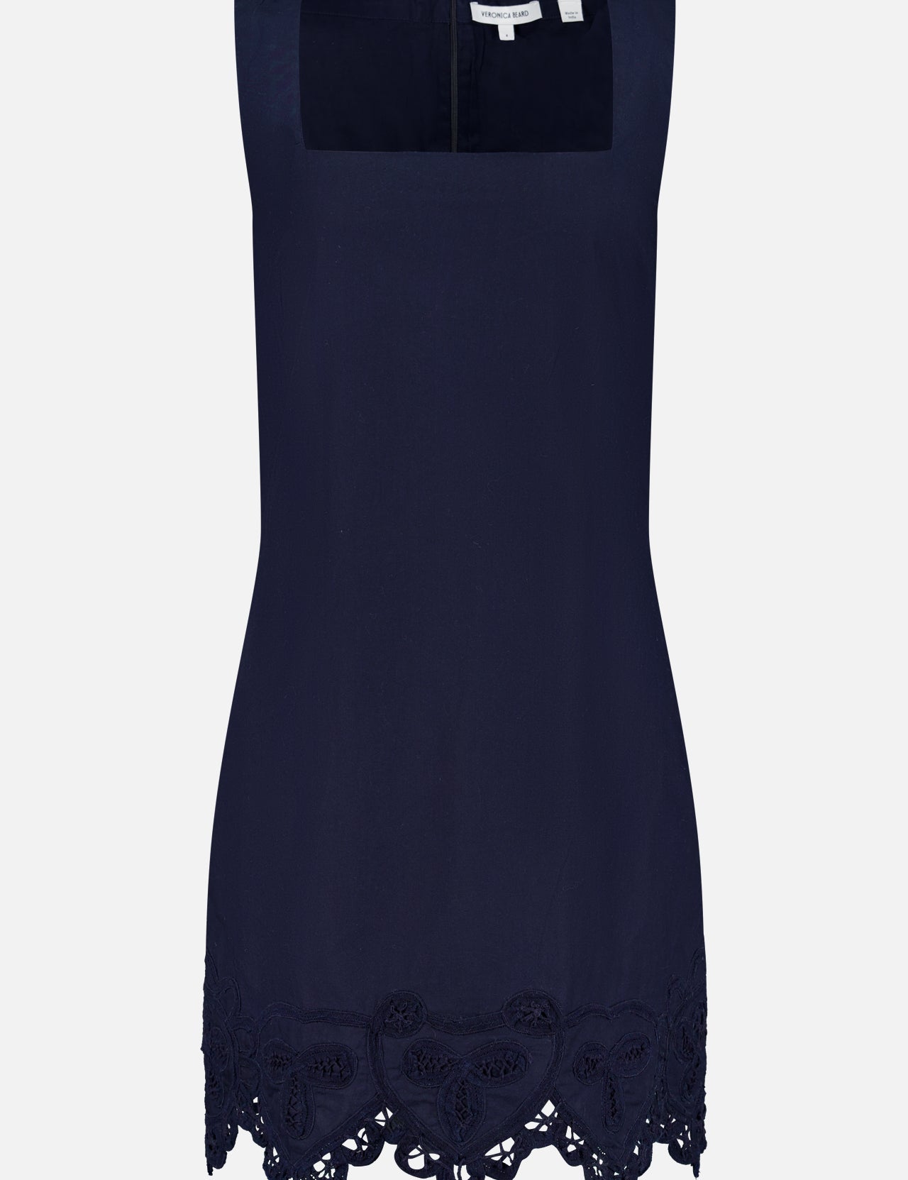 The Shanice Scalloped Lace Hem Dress by VERONICA BEARD is a sleeveless navy mini dress with a square neckline and delicate floral lace detailing along the hem, giving it an elegant, smooth, and solid look.