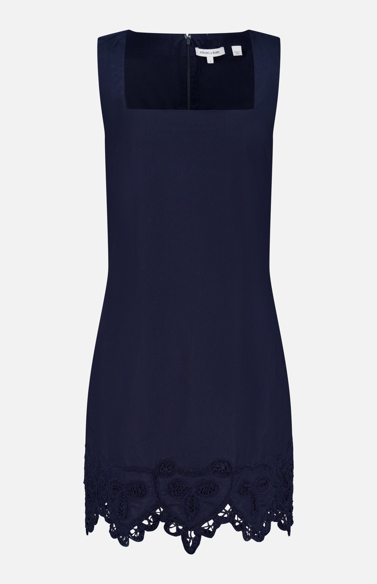 The Shanice Scalloped Lace Hem Dress by VERONICA BEARD is a sleeveless navy mini dress with a square neckline and delicate floral lace detailing along the hem, giving it an elegant, smooth, and solid look.