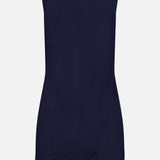 The Shanice Scalloped Lace Hem Dress by VERONICA BEARD is a sleeveless navy cotton poplin dress with a concealed back zipper and scalloped lace hem, blending comfort and elegance for any occasion.