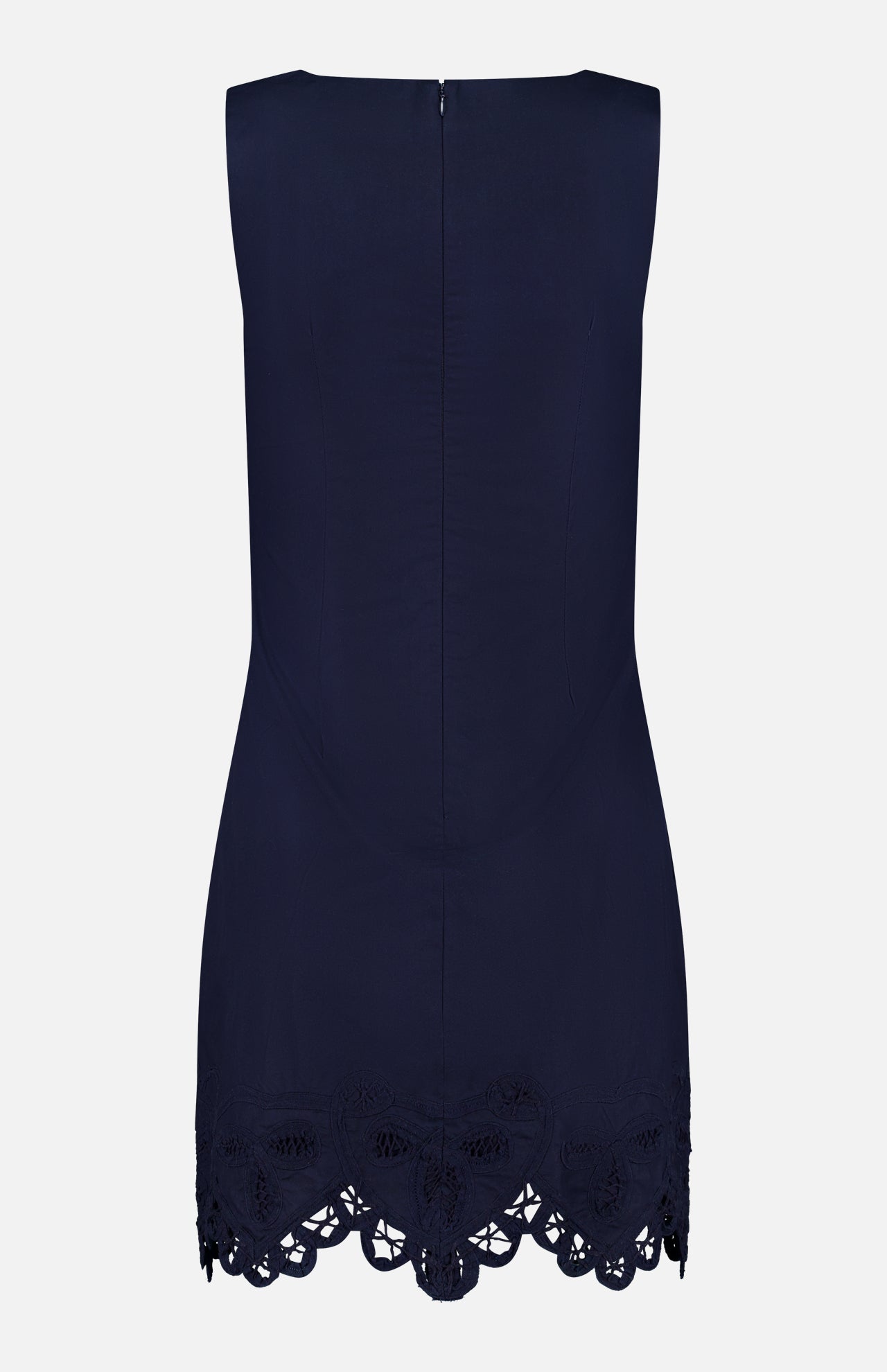 The Shanice Scalloped Lace Hem Dress by VERONICA BEARD is a sleeveless navy cotton poplin dress with a concealed back zipper and scalloped lace hem, blending comfort and elegance for any occasion.