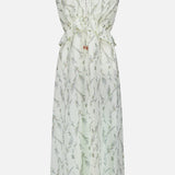 The Sleeveless Dominick Prairie Floral Dress by VERONICA BEARD features airy cotton-silk voile, a delicate green and lavender prairie floral print, V-neckline, drawstring waist, and a flowy maxi skirt.