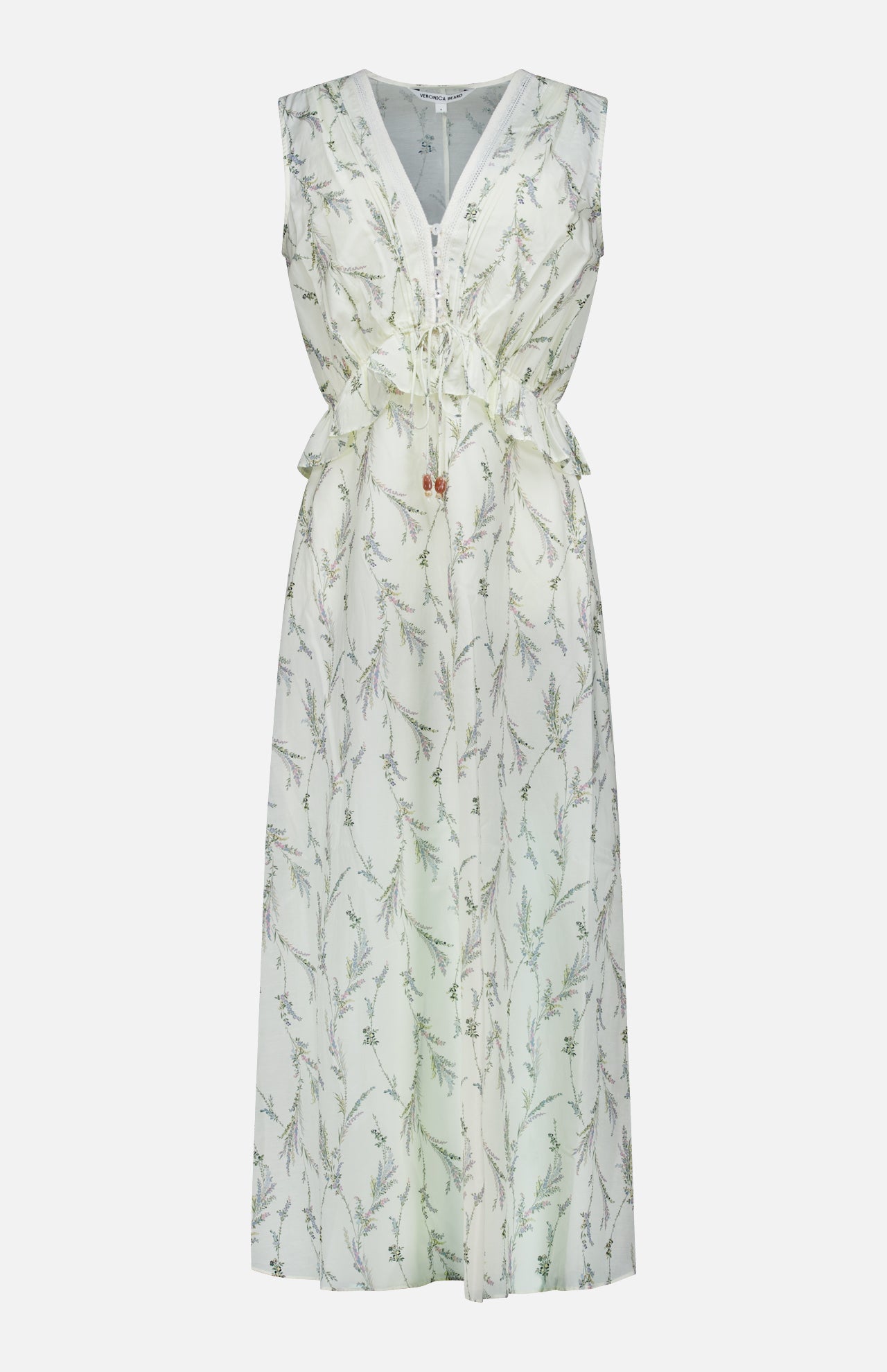 The Sleeveless Dominick Prairie Floral Dress by VERONICA BEARD features airy cotton-silk voile, a delicate green and lavender prairie floral print, V-neckline, drawstring waist, and a flowy maxi skirt.