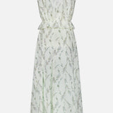 The Sleeveless Dominick Prairie Floral Dress by VERONICA BEARD features an ivory cotton-silk voile with subtle prairie florals, a cinched gathered waist, and a flowing silhouette for effortless elegance.